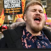 A protester makes his point known at the Stand Up to Racism rally in Paisley