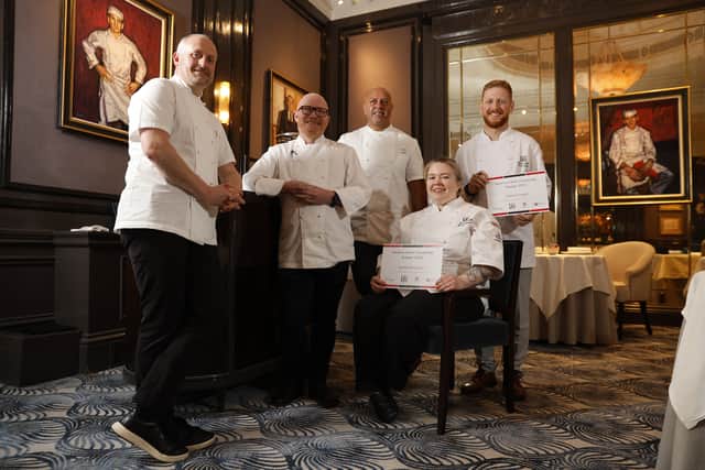 Stephen McLaughlin, Gary Maclean, Sat Bains, with 2023 winners Rachel Bremner, Darren Seggie