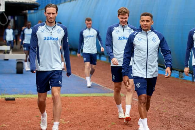 Ben Davies, Kieran Dowell and James Tavernier train ahead of Rangers' match against Dynamo Kyiv.