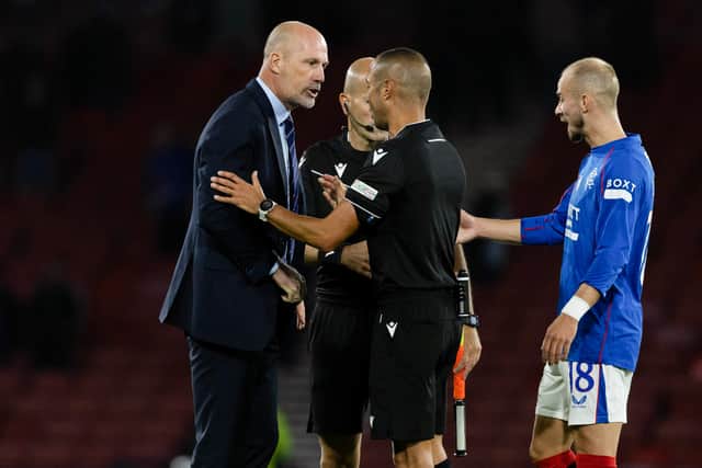 Rangers manager Philippe Clement remonstrates with referee Marco Guida.