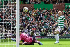 Celtic's Daizen Maeda opens the scoring against Hibs in the Premier Sports Cup last 16 match. (Photo by Rob Casey / SNS Group)