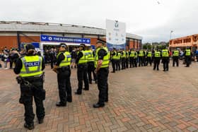 Police make a barrier outside Hampden Park after an incident involving supporters ahead Premier Sports Cup last sixteen match between Rangers and St Johnstone. (Photo by Craig Williamson / SNS Group)
