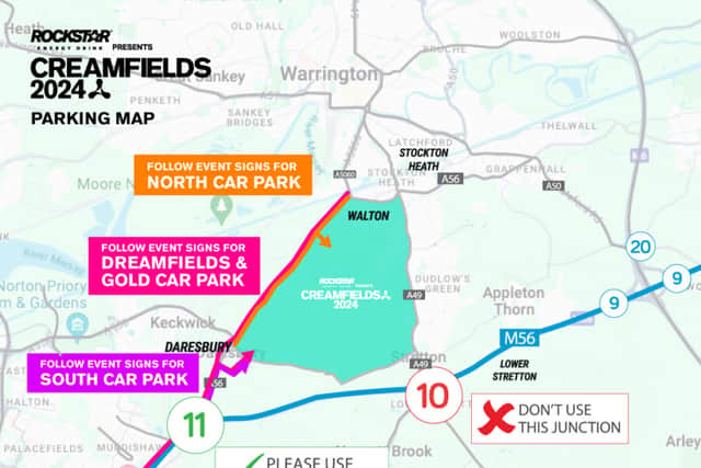 Those travelling to Creamfields North 2024 by car need to avoid Junction 10 and instead use Junctions 11 and 12 to get to the car parks and pick-up/drop-off point at the North Gate this year.