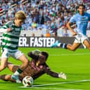 Kyogo Furuhashi scores for Celtic against Manchester City in a pre-season friendly in North Carolina on July 23, 2024.  (Photo by Ross MacDonald / SNS Group)
