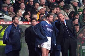 Rangers manager Walter Smith prepares to send on Paul Gascoigne in a game against Celtic. Cr: SNS Group.