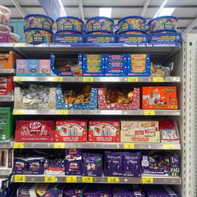 Christmas themed confectionary on the shelves at B&M Bargains in Leeds - four months before the big day (Photo by SWNS) 