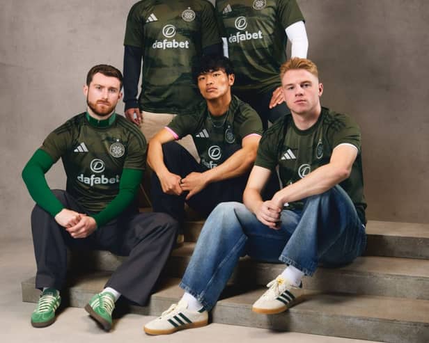 The new Celtic third shirt, inspired by the famous Celtic Park terracing. Cr: Celtic FC.