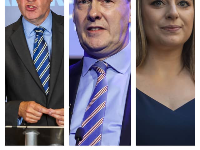 (From left to right) Murdo Fraser, Russell Findlay and Meghan Gallacher are the three candidates remaining in the Scottish Tories leadership race