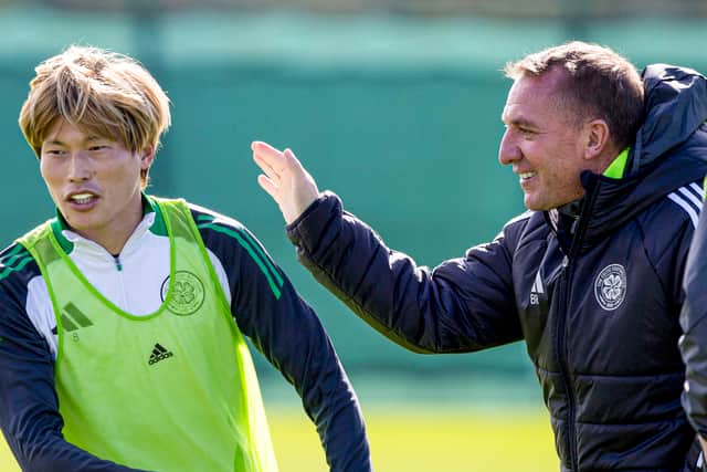 Celtic manager Brendan Rodgers with Kyogo Furuhashi during a training session at Lennoxtown on Friday. (Photo by Craig Williamson / SNS Group)