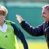 Celtic manager Brendan Rodgers with Kyogo Furuhashi during a training session at Lennoxtown on Friday. (Photo by Craig Williamson / SNS Group)