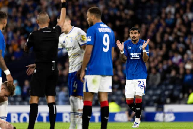 Rangers defender Jefte was sent off by referee Marco Guida against Dynamo Kyiv.