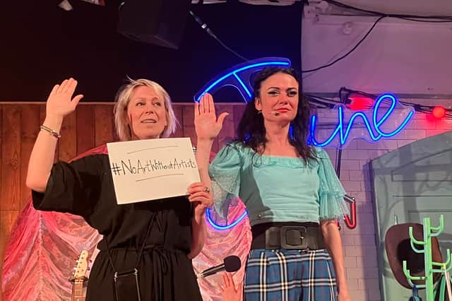 Director Cora Bissett and writer-performer Charlene Boyd staged a funding cuts protest at the end of their show June Carter Cash: The Woman, Her Music and Me.