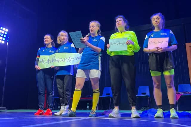 Performers in the Fringe show Same Team staged a funding cuts protest at the Traverse Theatre at the end of their final show.
