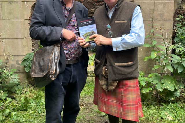 Author Mike Shepherd with Merlin Hay, 24th Earl of Errol at Slains Castle. The Earl is a direct descendant of Lady Anne Drummond.