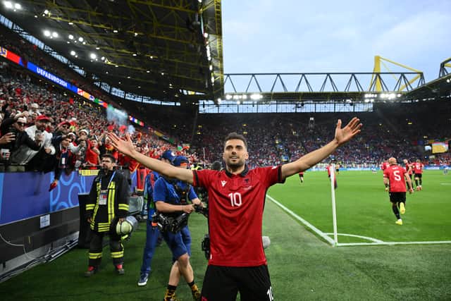 Rangers target Nedim Bajrami celebrates scoring for Albania against Italy at Euro 2024. (Photo by ALBERTO PIZZOLI/AFP via Getty Images)