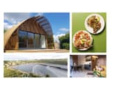 Clockwise from top left: 'Wave' self-catering accommodation at Lost Shore; food by Five March of Glasgow; 'Wave' interior; The Wave at Lost Shore