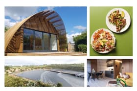 Clockwise from top left: 'Wave' self-catering accommodation at Lost Shore; food by Five March of Glasgow; 'Wave' interior; The Wave at Lost Shore