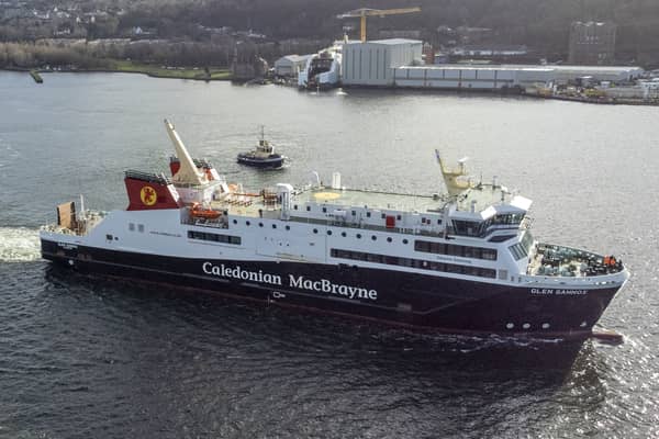 The Caledonian MacBrayne ferry MV Glen Sannox undergoing an earlier sea trial in February, accompanied by tugs, on a short trip under her own propulsion from Ferguson Marine yard in Port Glasgow. Picture: Jane Barlow/PA Wire