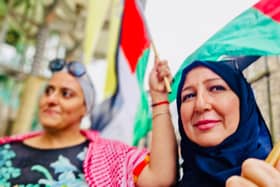 Linda Madaci and Leila Hamami protesting outside SNP conference. Image: Lisa Ferguson/National World.