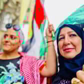Linda Madaci and Leila Hamami protesting outside SNP conference. Image: Lisa Ferguson/National World.