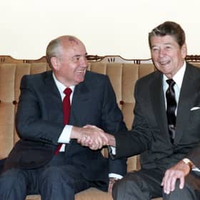 Soviet leader Mikhail Gorbachev and US President Ronald Reagan were all smiles at this meeting in San Francisco in 1990 but relations had been extremely tense just a few years before (Picture: Laski Diffusion)