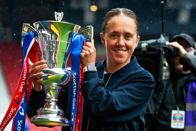 Jo Potter has urged her Rangers team to embrace the challenge of facing Arsenal. Cr: SNS Group.