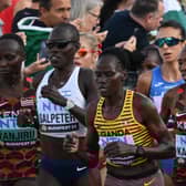 (From L to R) Kenya's Rosemary Wanjiru, Israel's Lonah Chemtai Salpeter, Uganda's Rebecca Cheptegei and Kenya's Selly Chepyego Kaptich in the women's marathon final during the World Athletics Championships in Budapest on August 26, 2023. (Photo by Ferenc ISZA / AFP) (Photo by FERENC ISZA/AFP via Getty Images)