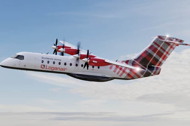 Visualisation of Heart Aerospace's ES-30 electric hybrid aircraft in Loganair livery