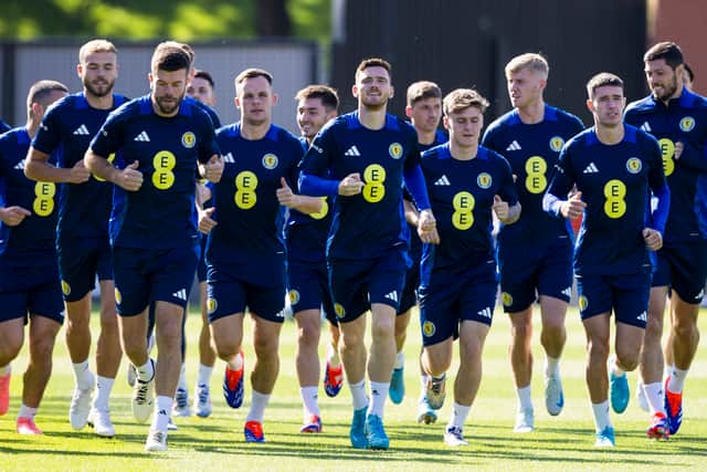 Andy Robertson (centre) leads Scotland players during a training session at The City Stadium, on September 04, 2024, in Glasgow, Scotland. (Photo by Craig Williamson / SNS Group)