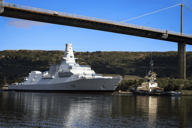 HMS Cardiff, Type 26 frigate, sailing in the River Clyde in Scotland for the first time.
