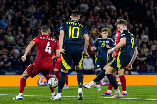 Scott McTominay scores to bring Scotland level at 2-2. (Photo by Alan Harvey / SNS Group)