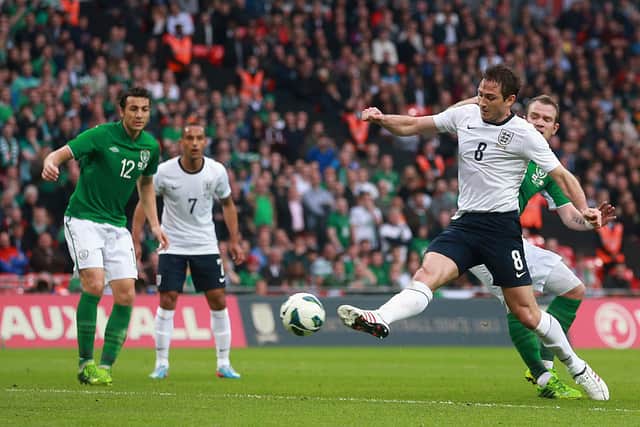 Frank Lampard scores during 1-1 during the international friendly match between England and the Republic of Ireland at Wembley Stadium in 2013.