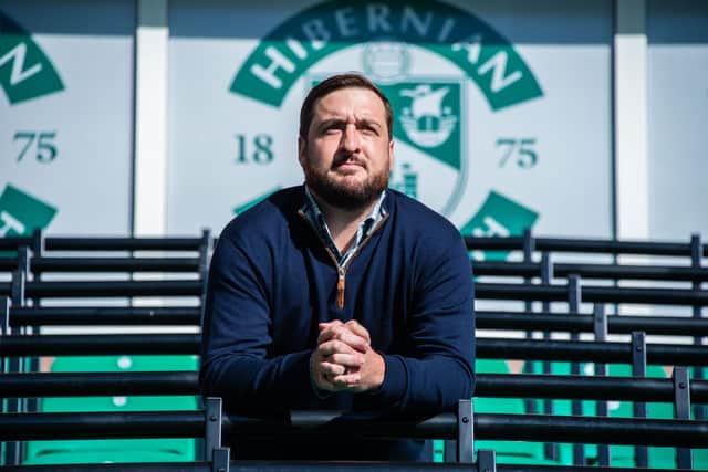 Hibs owner Ian Gordon looks out over Easter Road from the rail seating in the North Stand.