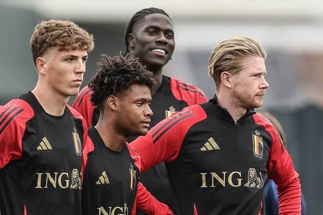 Celtic new boy Arne Engels trains alongside Julien Duranville, Amadou Onana and Kevin De Bruyne earlier this week. Cr: Getty Images.
