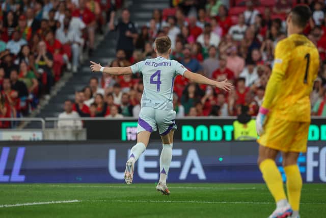 Scott McTominay celebrates after heading Scotland in front against Portugal. (Photo by Carlos Rodrigues/Getty Images)