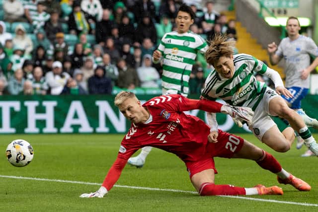 Celtic striker Kyogo Furuhashi is brought down by Kilmarnock goalkeeper Robby McCrorie in an incident that should have resulted in a penalty, according to SFA head of referees Willie Collum. (Photo by Craig Williamson / SNS Group)