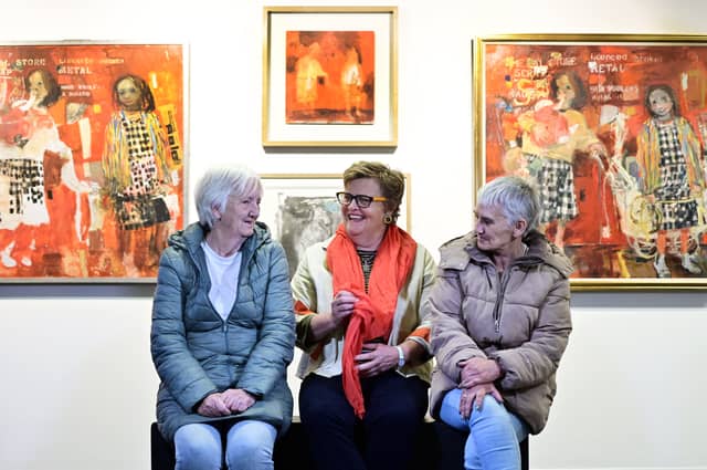 Sisters Pat (left) and Ann Samson (right) with artist, Kate Downie (centre). Pat and Ann feature in Joan Eardley’s unfinished painting, Two Children