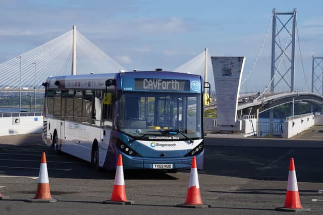 One of the five Alexander Dennis Enviro200AV vehicles being used across the Forth Road Bridge near Edinburgh. Picture: Andrew Milligan/PA Wire