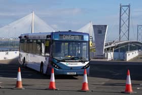 One of the five Alexander Dennis Enviro200AV vehicles being used across the Forth Road Bridge near Edinburgh. Picture: Andrew Milligan/PA Wire 