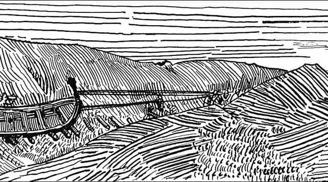 A woodcut depicting Magnus Barelegs' trip to Kintyre and the use of a portage route.