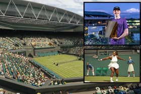 Brad Zellerman, from Dunfermline, with his Wimbledon e-Champion trophy. Insets: how Wimbledon and Serena Williams look in the Playstation tournament (Pictures submitted)