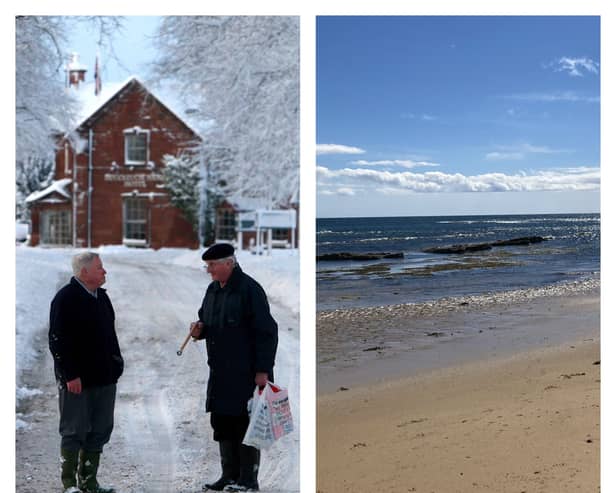 Two residents speak in St Boswells (left) in the Scottish Borders, while (right) Kingsbarns Beach is one of Fife's best. Picture: NationalWorld/PA