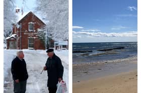 Two residents speak in St Boswells (left) in the Scottish Borders, while (right) Kingsbarns Beach is one of Fife's best. Picture: NationalWorld/PA