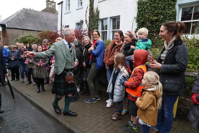 King Charles as he arrives to visit the Mainstreet Trading Company in St Boswells. Picture: Andrew Milligan/PA Wire