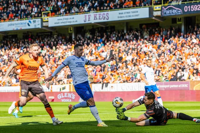 Rangers midfielder Tom Lawrence scores the only goal of the game in his side's 1-0 win over Dundee United at Tannadice. (Photo by Alan Harvey / SNS Group)