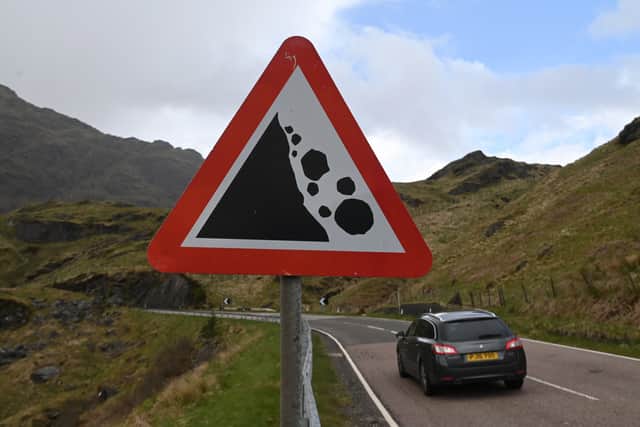 A falling rocks sign on the A83, near the Rest and Be Thankful. Picture: John Devlin