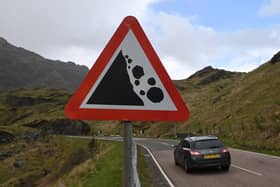 A falling rocks sign on the A83, near the Rest and Be Thankful. Picture: John Devlin
