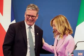Prime Minister Sir Keir Starmer with Italian Prime Minister Giorgia Meloni share a moment at Villa Doria Pamphilj in Rome, Italy. Picture: Phil Noble/PA Wire 