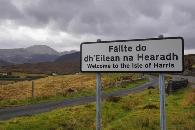 A sign in Gaelic and English on a road in the Isle of Harris in the Outer Hebrides