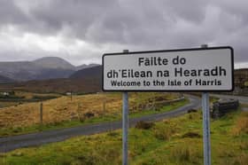 A sign in Gaelic and English on a road in the Isle of Harris in the Outer Hebrides